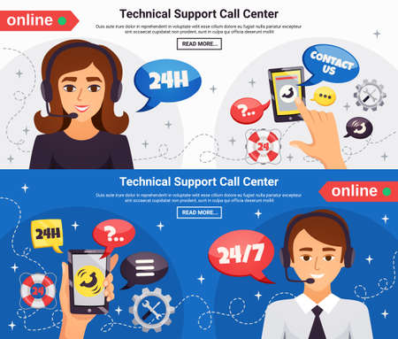 Technical support call center operators 24h online service 2 horizontal background banners webpage design isolated vector illustrationのイラスト素材
