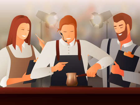 Barista people making coffee in cafe  gradient flat vector illustrationのイラスト素材