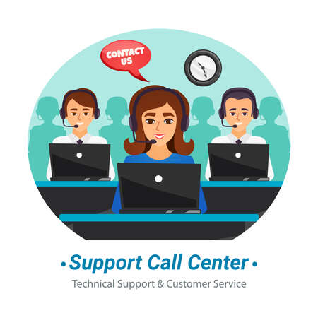 Technical support customer service call center operators at work round flat composition...