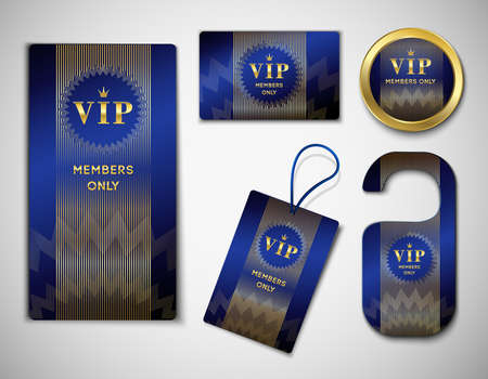 Set of vip member elements glossy black design template with crest ornament, golden inscription isolated vector illustrationのイラスト素材