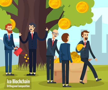 Initial coin offering cartoon composition with happy cartoon characters on bitcoin tree background vector illustrationのイラスト素材