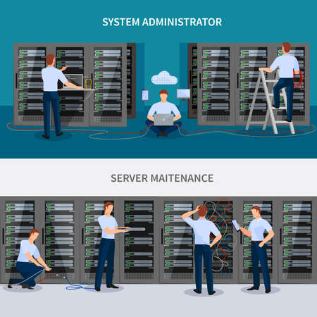 Server maintenance horizontal banners set with technology symbols flat isolated vector illustrationのイラスト素材
