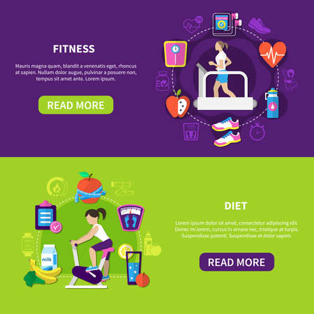 Set of flat horizontal banners with fitness and diet food isolated on purple green background vector illustrationのイラスト素材