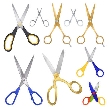 Set of realistic scissors images on blank background with different kinds of scissors for various purposes vector illustrationのイラスト素材