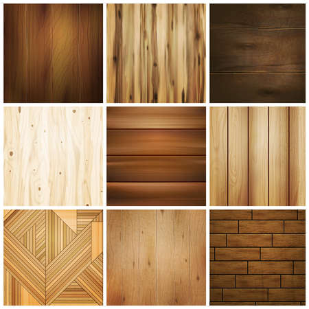 Realistic wooden floor texture set of isolated images with various square design patterns for flooring tile vector illustrationのイラスト素材