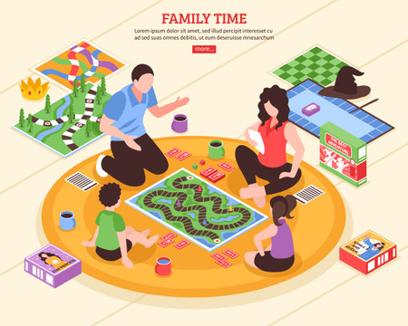 Family pastime scene with parents and kids playing board games on floor isometric vector illustrationのイラスト素材
