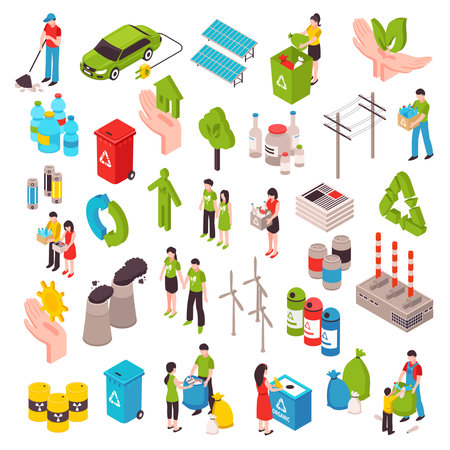 Ecology isometric set with people involved in cleaning environment waste bags solar panels wind turbines isolated vector illustrationのイラスト素材