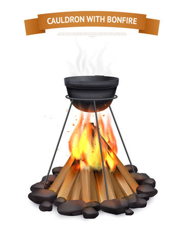 Realistic pot campfire background composition of images with cauldron above realistic bonfire with smoke and text vector illustrationのイラスト素材