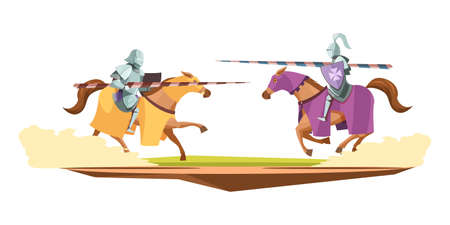 Medieval knits tournament cartoon composition with 2 horsemen in suits of armor in jousting contest vector illustrationのイラスト素材