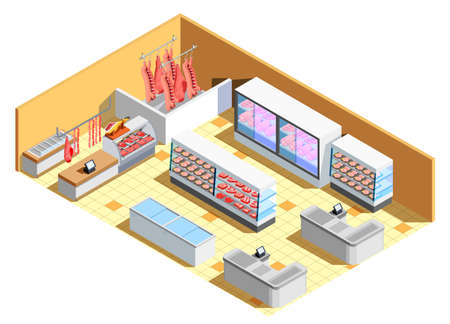 Butcher shop interior isometric composition with meat products, refrigerators, counter with showcase, cash desks vector illustrationのイラスト素材