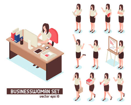Businesswomen isometric set of female characters in office space isolated on white background vector illustrationのイラスト素材