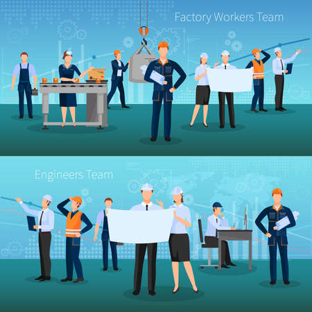 Factory workers team horizontal banners set with technology symbols flat isolated vector illustrationのイラスト素材