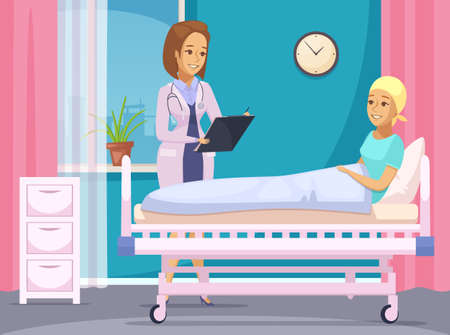 Oncology patient flat composition with doctor talking with young woman lying in medical bed after surgery vector illustrationのイラスト素材