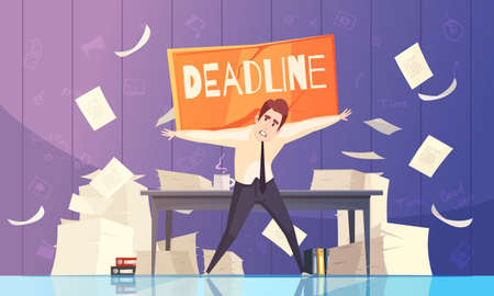 Business leaders and project managers deadline time limits problems with growing paperwork piles...