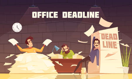 Office piles of paperwork target dates deadlines and tasks time limits problems cartoon illustration poster vector illustrationのイラスト素材