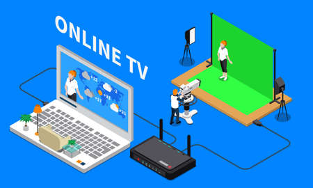 Telecommunication isometric composition with television programme shooting and online streaming 3d vector illustrationのイラスト素材