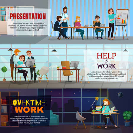 Multitasking horizontal banners with corporate partnership business presentation and overtime work flat compositions vector illustrationのイラスト素材