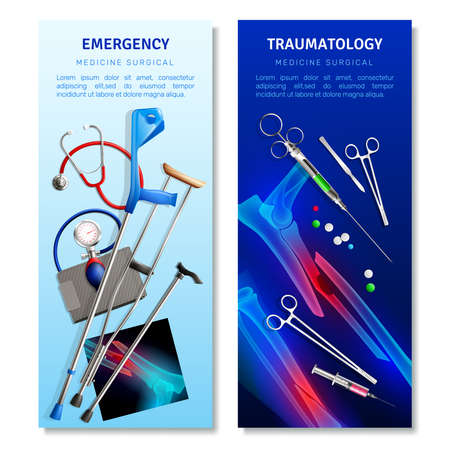 Surgical traumatology vertical banners with medical tools and x-ray snapshots for emergency help isolated vector illustrationのイラスト素材