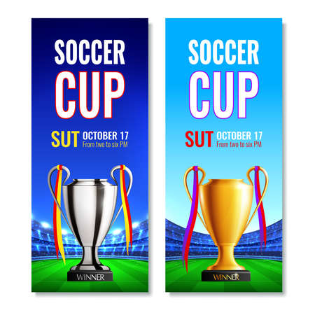Soccer cup two vertical banners with gold and silver winner bowls and date of match on football field background realistic vector illustrationのイラスト素材