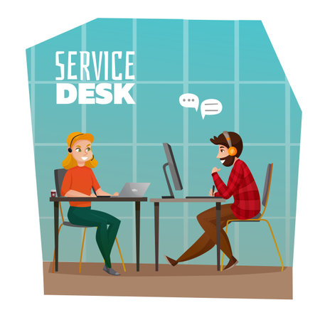 Service desk design concept with male and female employees sitting in technical support call center for customers flat vector illustrationのイラスト素材