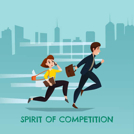 Spirit of competition urban poster with running young man and woman used in business trying overtake each other flat vector illustrationのイラスト素材