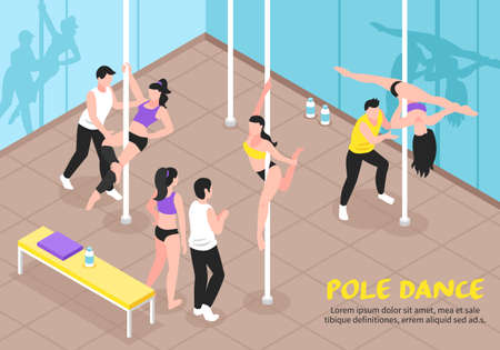 Pole dance training, scene with teachers and girls in various positions, interior elements isometric vector illustrationのイラスト素材