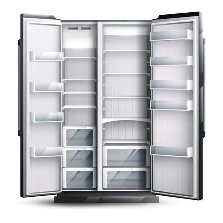 Refrigerator organization monochrome design concept with opened empty wider fridge on white background in realistic style vector illustrationのイラスト素材