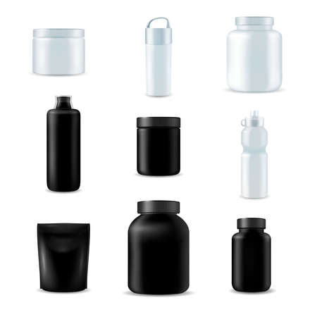 Fitness sport water and nutrition bottles from eco friendly materials realistic white black set isolated vector illustrationのイラスト素材