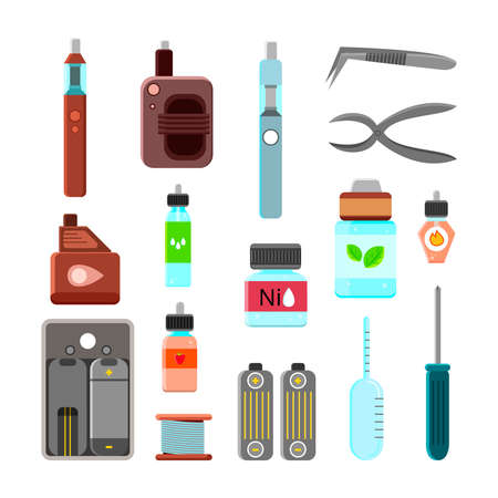 Vape gear accessories tools power cigarettes holders carrying case holders power charges flat icons isolated vector illustrationのイラスト素材