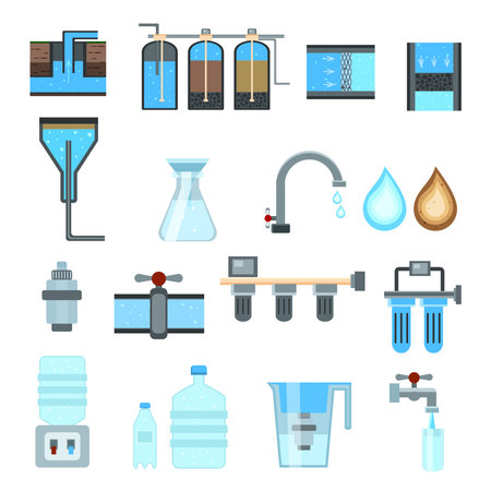 Water filtration set of flat icons with industrial treatment system, household jug with cartridge isolated vector illustrationのイラスト素材