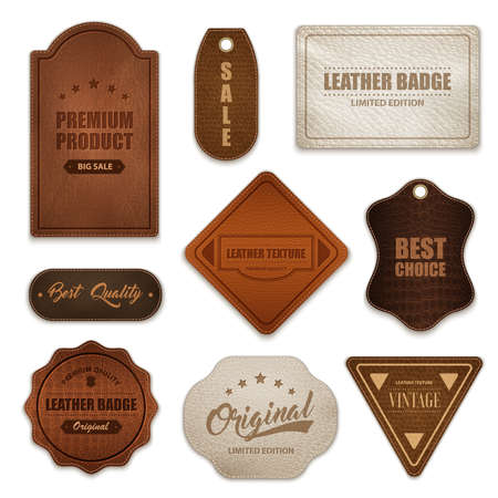 Realistic premium quality genuine leather labels badges tags collection various shapes color and texture isolated vector illustrationのイラスト素材