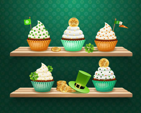Saint patricks day composition with sweets decorated golden coins, clover, flags on wooden shelves vector illustrationのイラスト素材