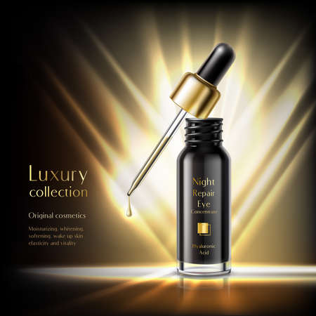Luxury cosmetics realistic advertisement poster with black  essential oil bottle with dropper golden rays dark background vector illustrationのイラスト素材