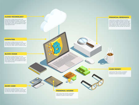 Financial technology isometric layout with blockchain bank card cash money personal access...