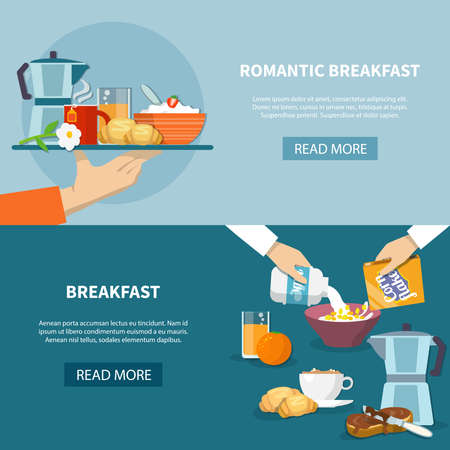 Horizontal banners set with romantic breakfast on tray and process of cooking cornflakes flat isolated vector illustrationのイラスト素材