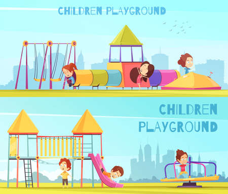 Children playground banners collection of horizontal doodle style compositions views of the city and kids characters vector illustrationのイラスト素材