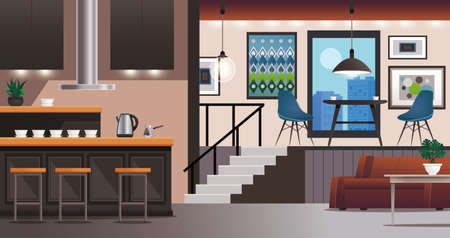Modern kitchen bar table stools and living room interior design with furniture lighting wall decorations vector illustrationのイラスト素材