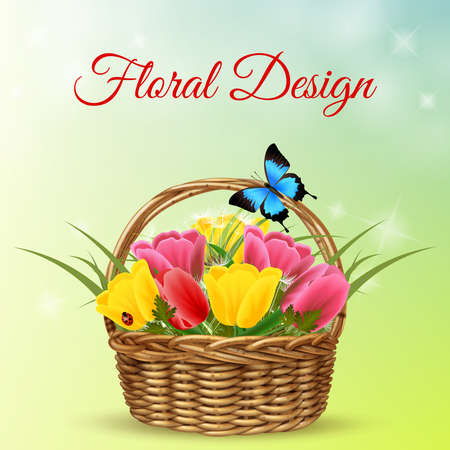 Romantic realistic background to 8 march holiday with basket full of tulips vector illustrationのイラスト素材