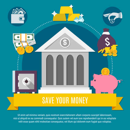 Money flat flyer with save your money description on the yellow ribbon and bank vector illustrationのイラスト素材