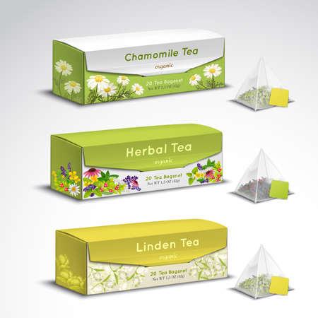 Exquisite organic herbal tea blends pyramid teabags box packages realistic set with chamomile lavender flavors vector illustrationのイラスト素材