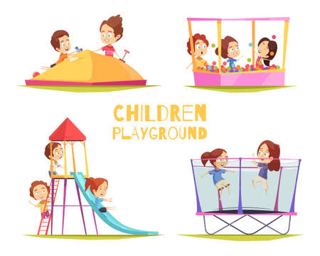 Children playground design concept set with four isolated images of playground equipment and characters of kids vector illustrationのイラスト素材