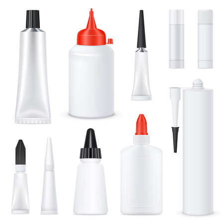 Glue black red white nozzles on white blank bottles tubes sticks realistic templates set isolated vector illustrationのイラスト素材