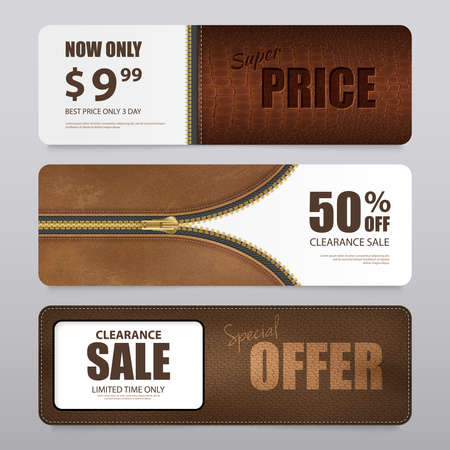 Artificial leather clearance sale offer prices with 3  qualities texture samples realistic horizontal banners isolated vector illustrationのイラスト素材