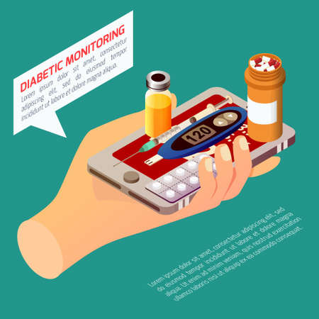 Diabetic monitoring isometric composition with hand holding smartphone, sugar measuring device, medication on turquoise background vector illustrationのイラスト素材