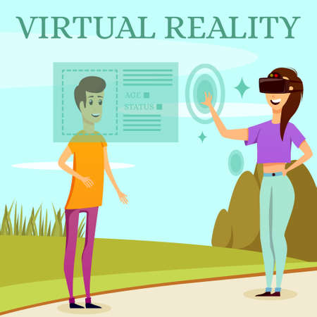 Augmented reality orthogonal composition on nature background with man and girl in virtual glasses flat vector illustrationのイラスト素材