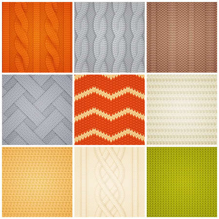 Colorful knitting patterns texture realistic square samples set with cable zig-zag and rib stitch vector illustrationのイラスト素材