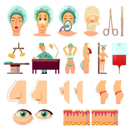 Plastic surgery orthogonal icons with medical instruments, parts of body before and after operations isolated vector illustrationのイラスト素材