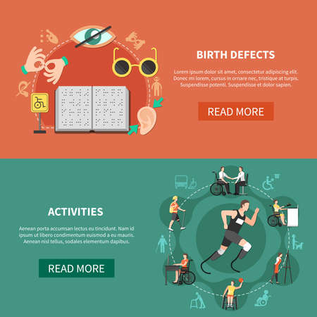 Two horizontal disabled person flat banner set with birth defects and activities descriptions vector illustrationのイラスト素材