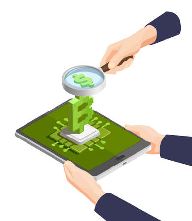 Bitcoin and blockchain technology design concept with cryptocurrency mining farm abstract element isometric vector illustrationのイラスト素材
