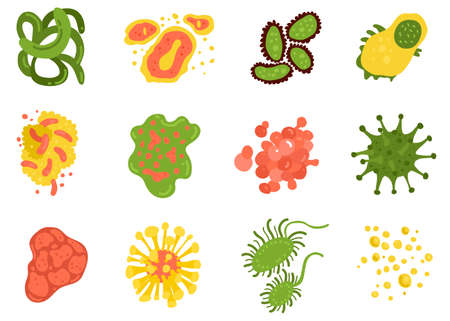 Viruses and bacteria set with science symbols flat isolated vector illustration